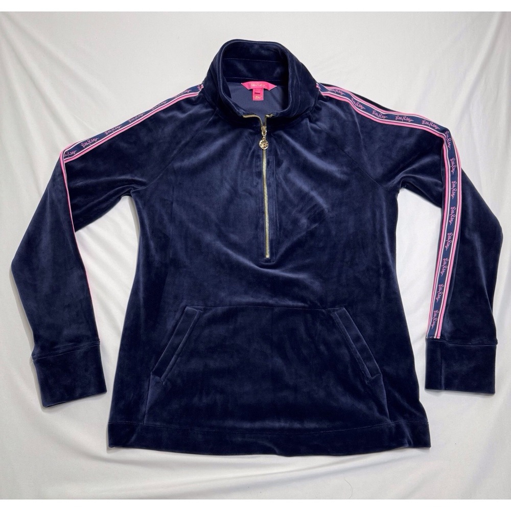 Lilly Pulitzer Velour Skipper Popover Navy 1/2 Zip Long Sleeve Womens Medium